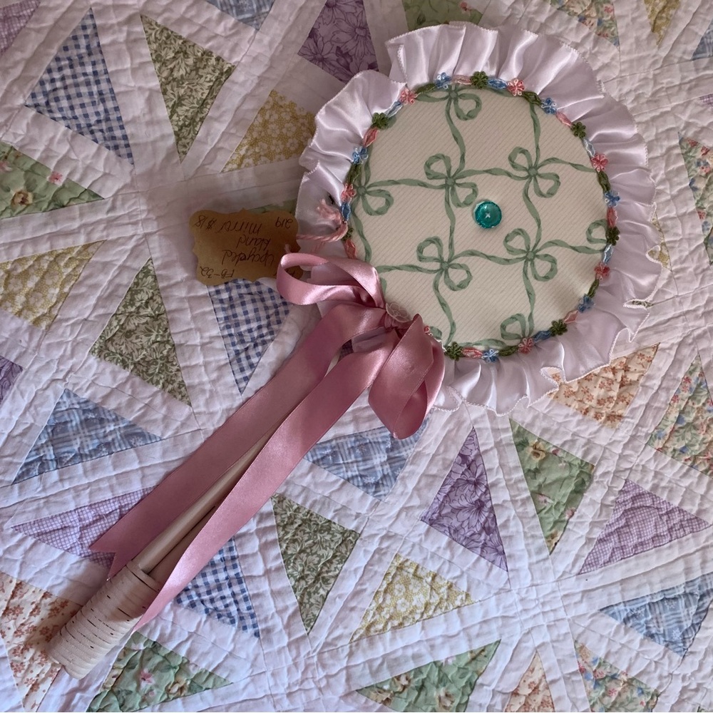 UPCYCLED Vintage Bamboo Hand Mirror with Pink Ribbon